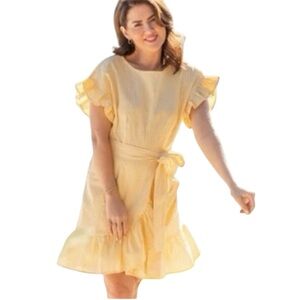Jillian Harris x Joe Fresh Linen Blend Yellow Striped Ruffle Dress Size Large